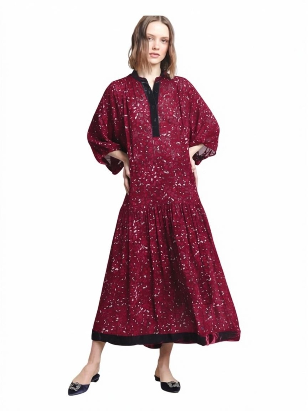 Warm NY Primrose Velvet Trim Floral Maxi Dress Burgundy/Pink Size 2 Medium